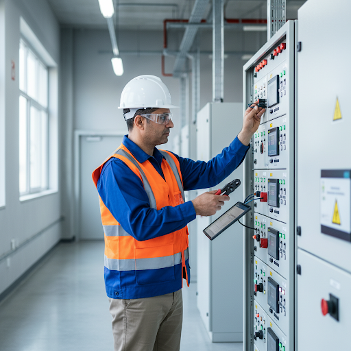 Professional Golden Tech Engineer working on a fire alarm control panel