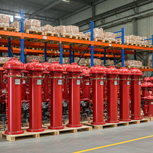 rows of high-grade certified fire safety components and equipment stored in a clean modern industrial warehouse environment