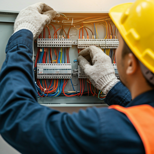 close-up of a specialized engineer in safety PPE meticulously installing a complex industrial fire alarm control panel with precise wiring