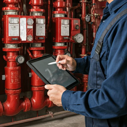 technician in uniform using a tablet to perform a digital safety inspection of a fire suppression system in a modern facility