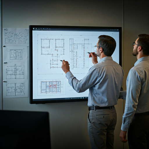 professional fire safety engineers collaborating at a large digital whiteboard with architectural fire protection blueprints and CAD models